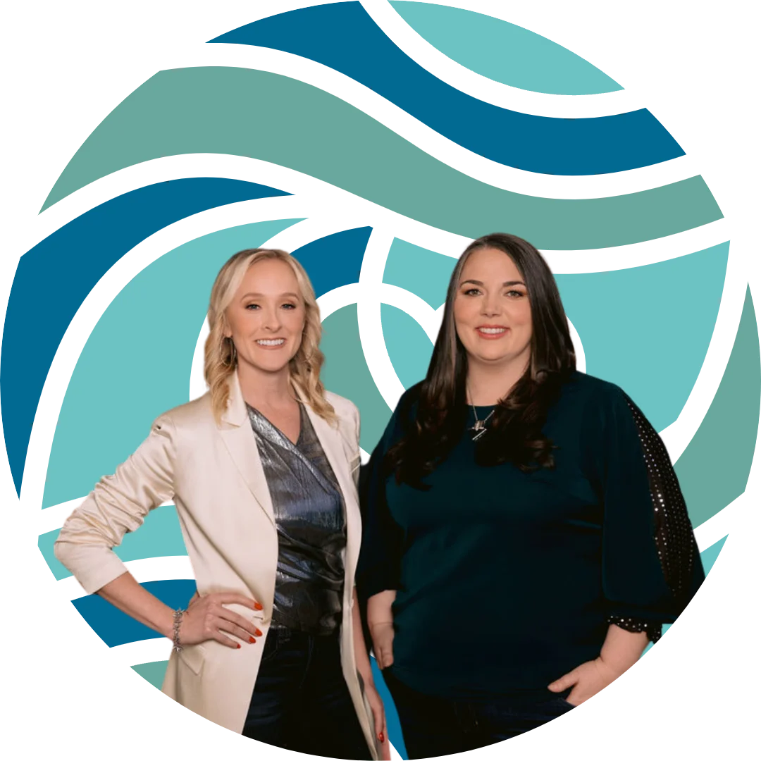 Anne Rachel Logo BG 01 Anne and Rachel with full color logomark behind them